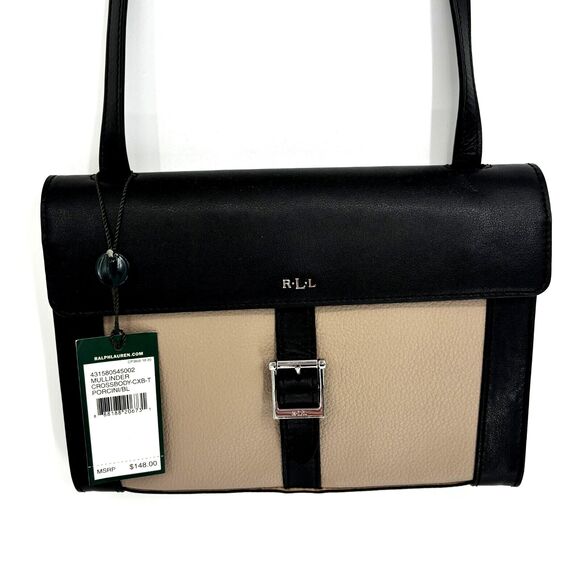 Ralph Lauren Mullinder Crossbody Purse Leather Black/Taupe Shoulder Bag NWT - Picture 1 of 15